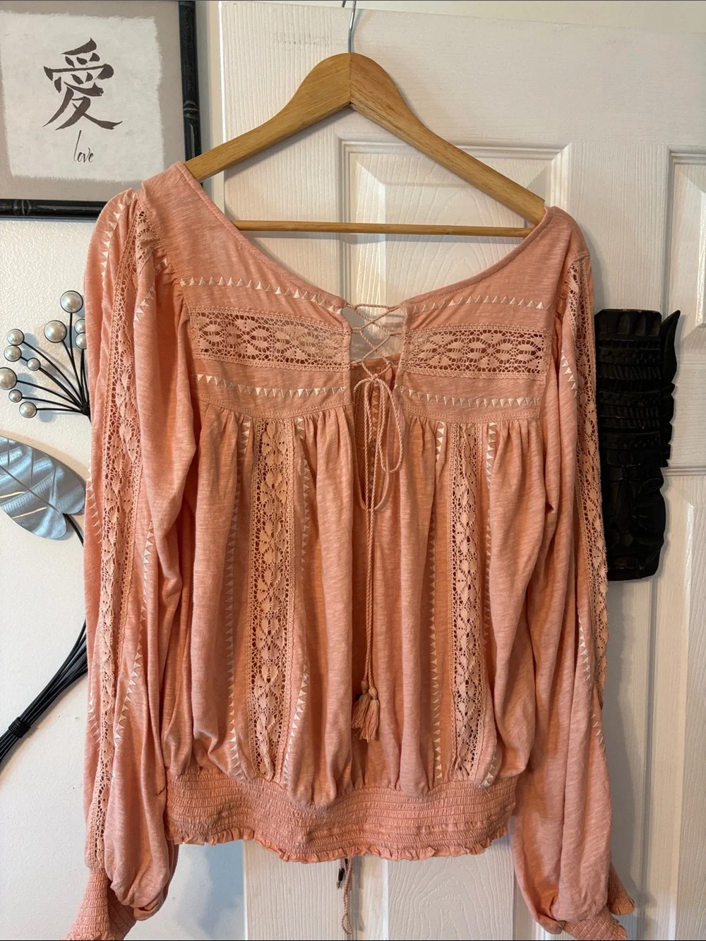 Free People Peach Lace-Paneled Boho Blouse